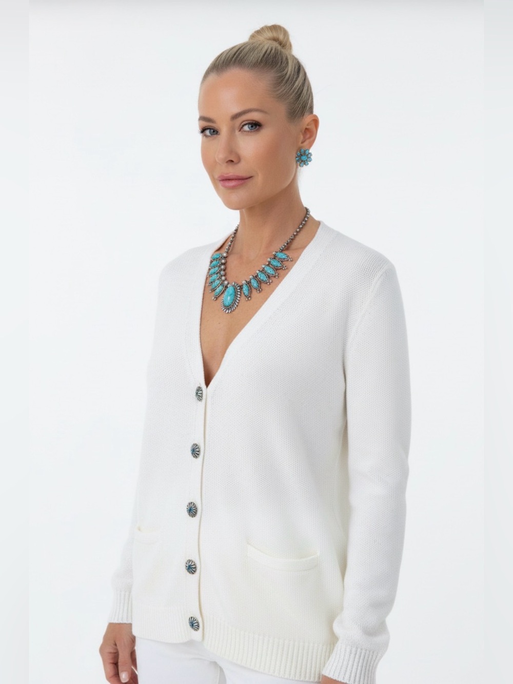 • RALPH LAUREN • v neck Turquoise & Silver Southwestern cotton cardigan sweater